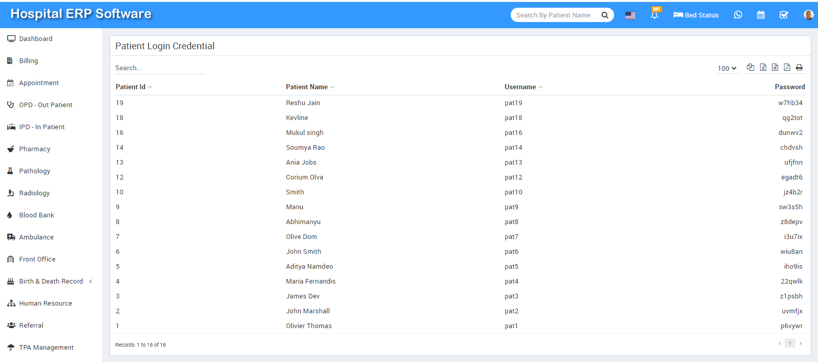 patient login credential report